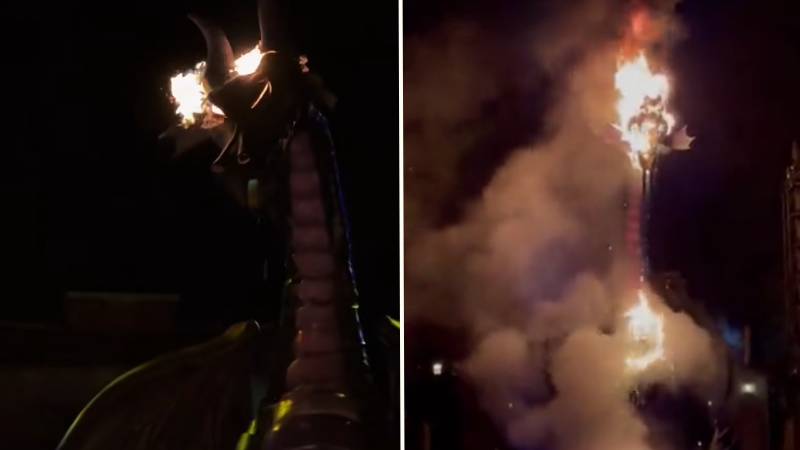 Dragão Maléfico entra em erupção em chamas durante apresentação de Fantasmic!  na Disneylândia