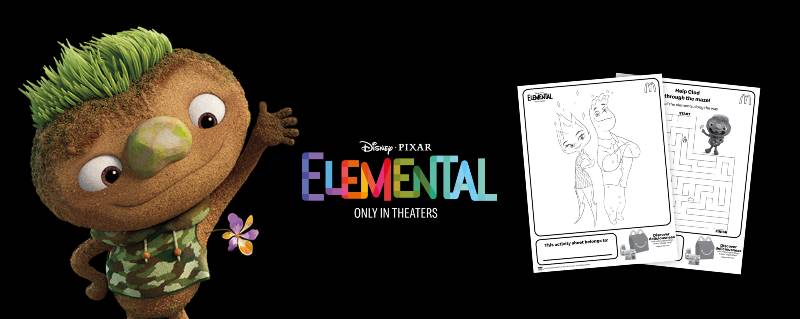 Folhas de atividades do Happy Meal 'Elemental' da Pixar