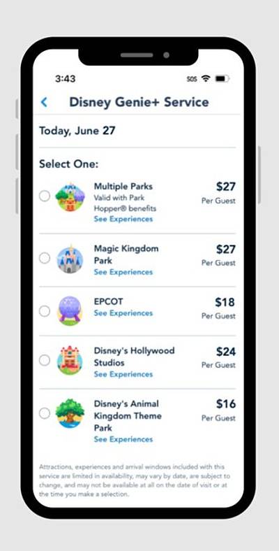 Preços específicos do parque WDW Disney Genie+
