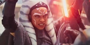 Ahsoka Tano fighting a Sith Inquisitor in the Disney+ series 'Ahsoka'