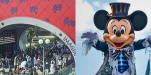 Crowds entering Tokyo Disney Resort with Mickey Mouse in a Halloween outfit at Tokyo Disneyland