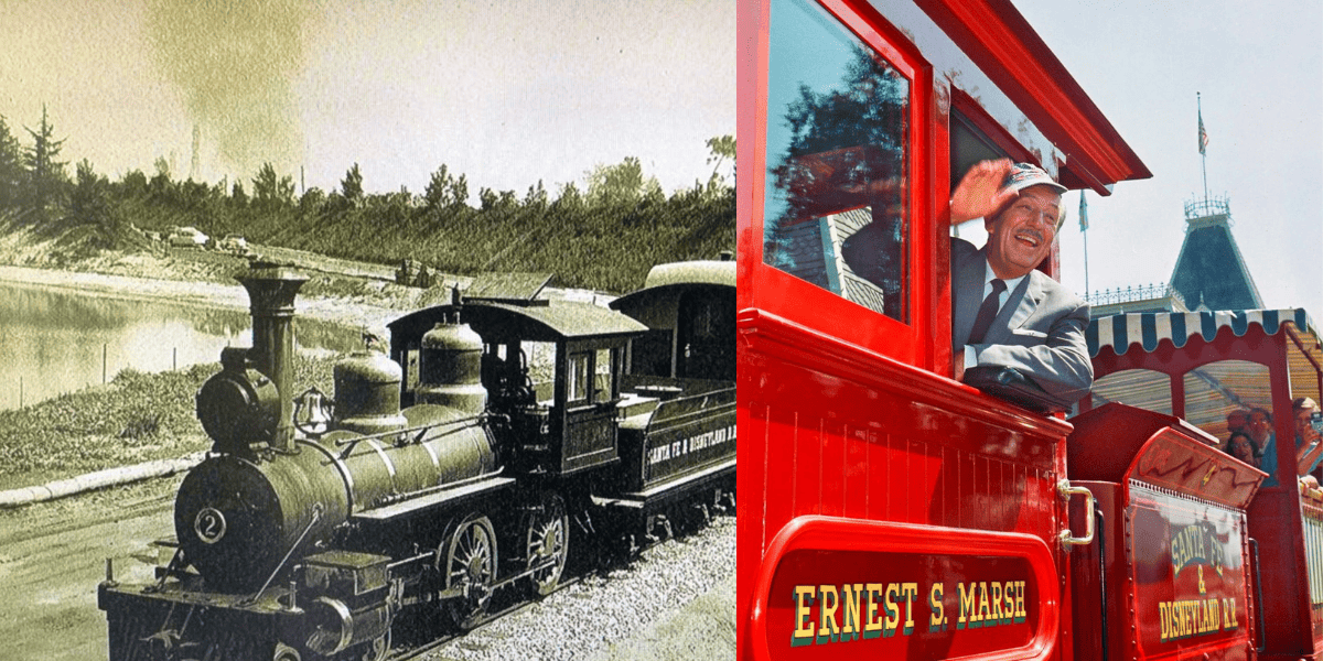 Imagens lado a lado da Disneyland Railroad e Walt andando