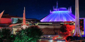 Space Mountain at Tomorrowland in Disneyland Park at night