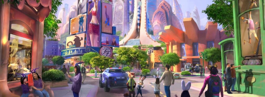 Arte conceitual do DisneylandForward (projeto de expansão da Disneylândia) inspirado em 'Zootopia' da Disney