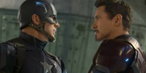 Chris Evan's Captain America talking to Robert Downey Jr.'s Tony Stark