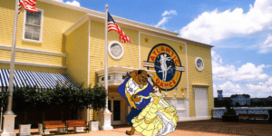 Exterior of Disney's Atlantic Dining Hall with clipart of Belle and Beast_feature image