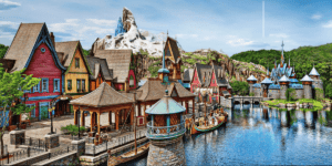 Arandelle Castle, Elsa's Castle, houses and a lake at World of Frozen at Hong Kong Disneyland, opening on November 20, 2023