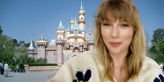 Taylor Swift, uma das muitas celebridades da Disneylândia, editada em frente ao castelo da Bela Adormecida.