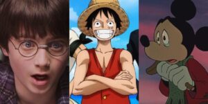 Harry Potter surprised, Monkey D. Luffy from One Piece smiling, Mickey Mouse sad in Christmas Carol