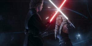 Ahsoka (Rosario Dawson) and Anakin Skywalker (Hayden Christensen) fighting in 'Ahsoka'