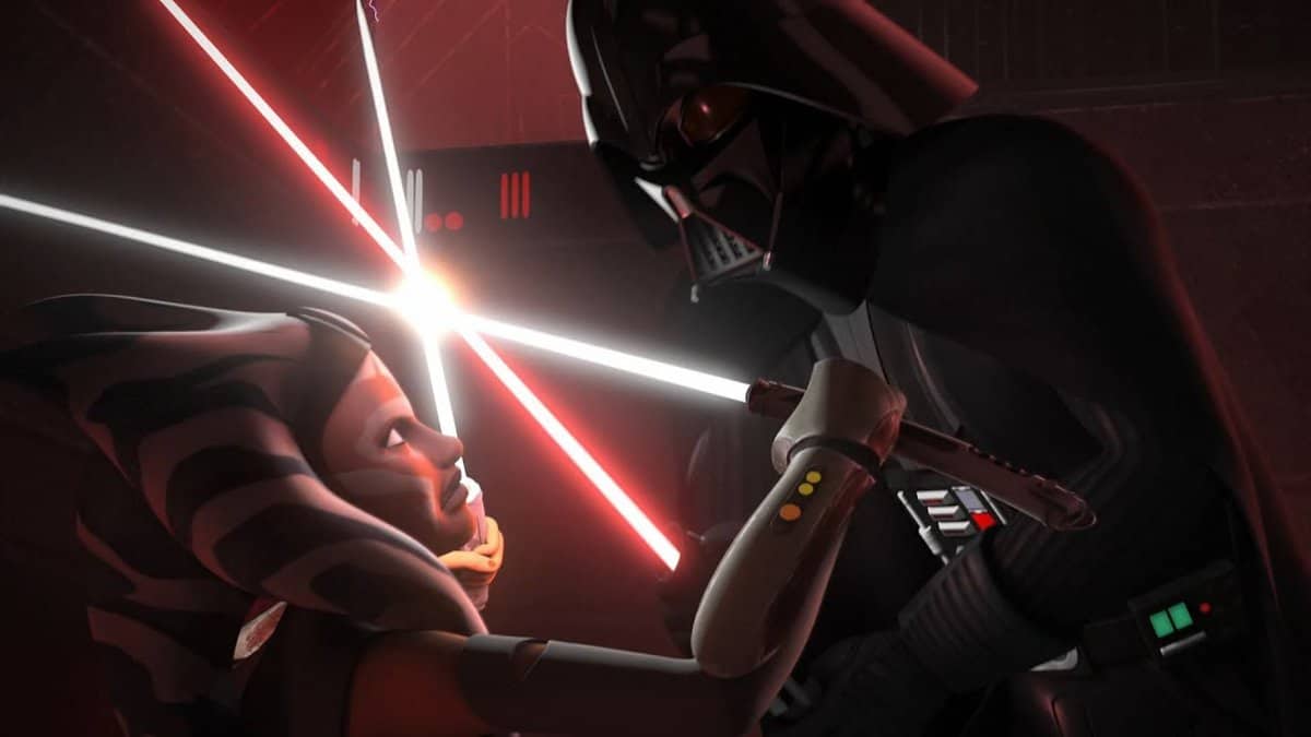 Ahsoka Tano lutando contra Darth Vader em Malachor no final da 2ª temporada dos rebeldes de Star Wars