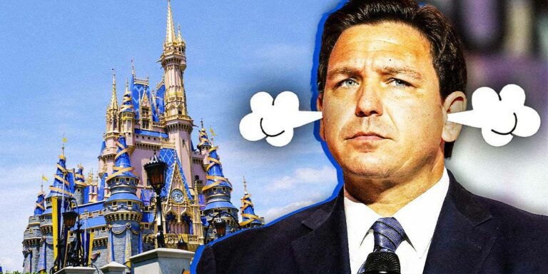 Florida Governor Ron DeSantis with smoke blowing out of his ears, in front of Cinderella Castle - the edit represents the DeSantis Disney World battle.