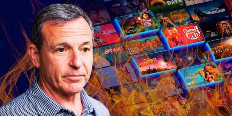 Bob Iger in front of the Disney+ library on fire
