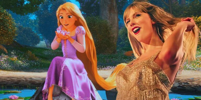 Rapunzel holding flower in Tangeld (L) and Taylor Swift flicking hair (R)