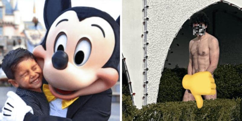 Esquerda: Um garotinho abraça Mickey Mouse em frente ao Castelo da Bela Adormecida.  À direita: Um homem nu (censurado) caminha na frente de "é um mundo pequeno" no Parque Disneylândia.