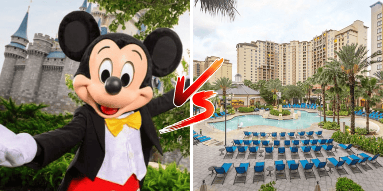 Mickey Mouse stands in front of Cinderella Castle, red text that says "VS," and chairs in front of a pool at Wyndham Grand Orlando Resort Bonnet Creek.