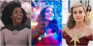 Monica Rambeau smiling enthusiastically, Kamala Khan (Ms. Marvel) in a tiara while waving and surrounded by confetti, Carol Danvers (Captain Marvel) in a gown on the singing planet