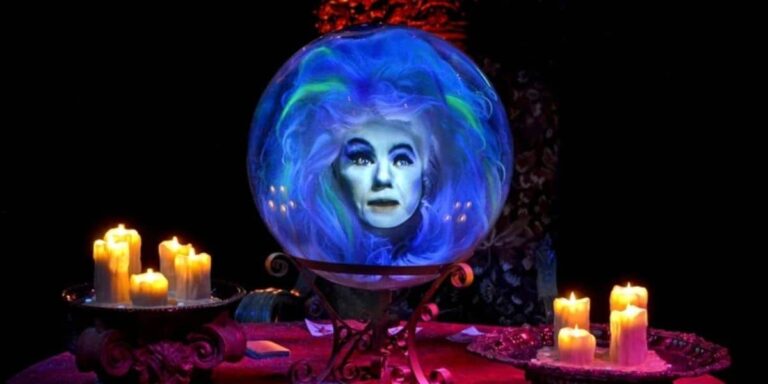 Madame Leota's head in a crystal ball from the Haunted Mansion